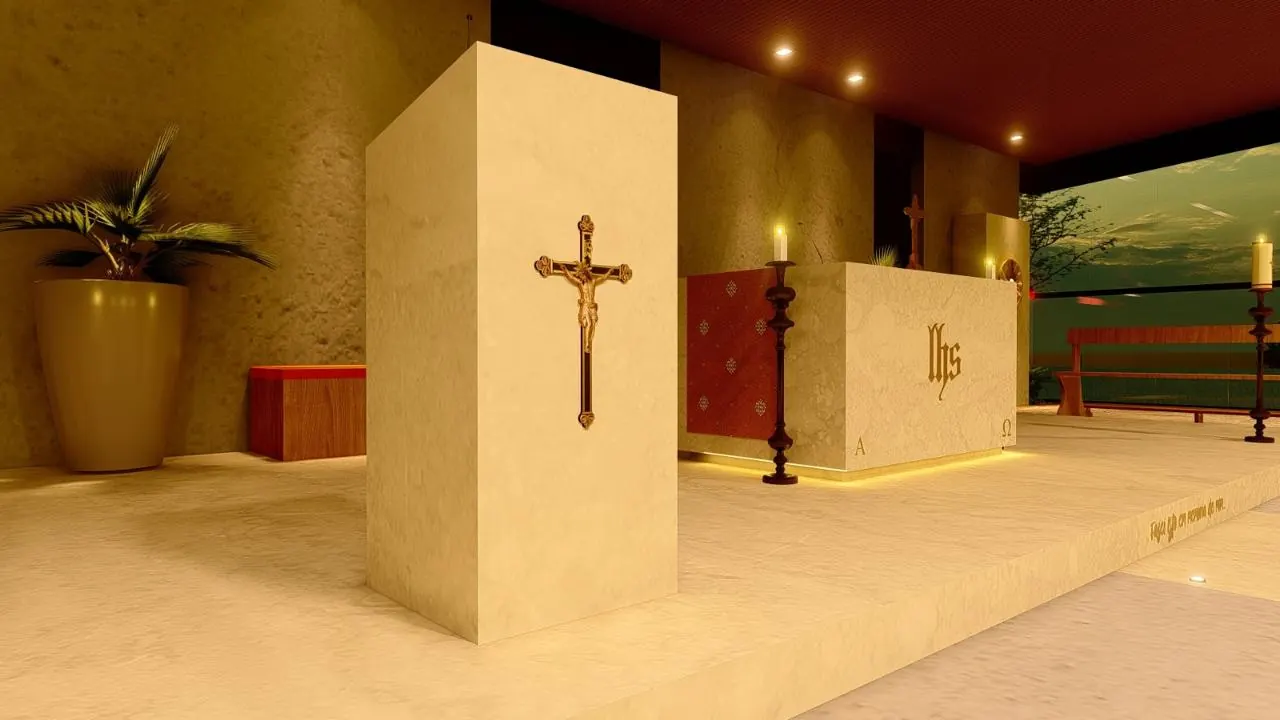 Projeto do interior da futura Capela São José, com altar e crucifixo